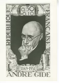 photographie d’un dessin réalisé par Clément Serveau pour un timbre à l'effigie d'André Gide (1969)