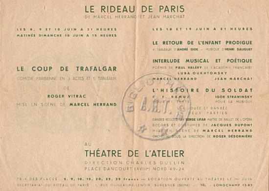 Le Coup de Trafalgar, programme original du Rideau de Paris, fonds Roger Vitrac, Collections A.R.T.