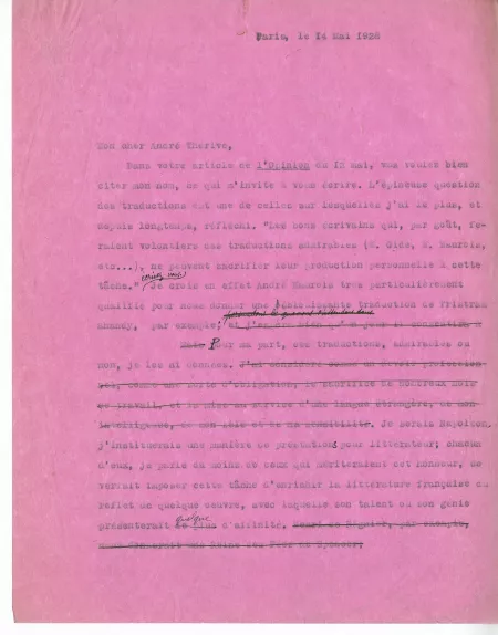 01-50-a A Gide à A Thérive 14 mai 1928 p 1