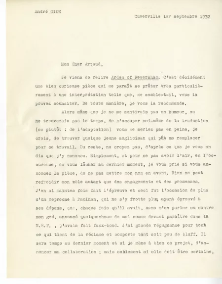 04-08-k A Gide à A Artaud 01 sept 1932 p1