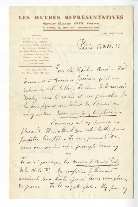 04-11-a G Crès à A Gide 05 déc 1933 recto