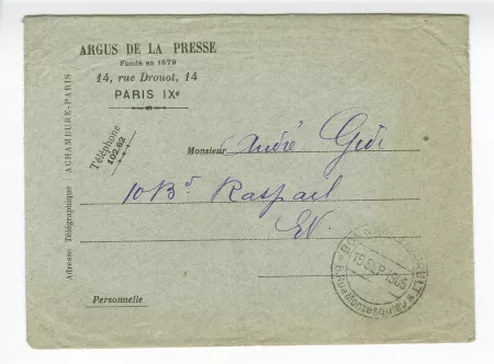 06-58-b argus de la presse à A Gide 15 sept 1905 enveloppe
