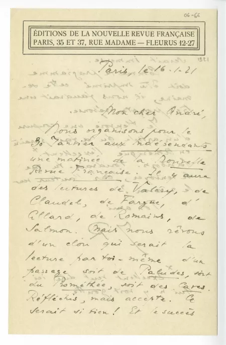 06-66-a J Rivière à A Gide 16 janv 1921 recto