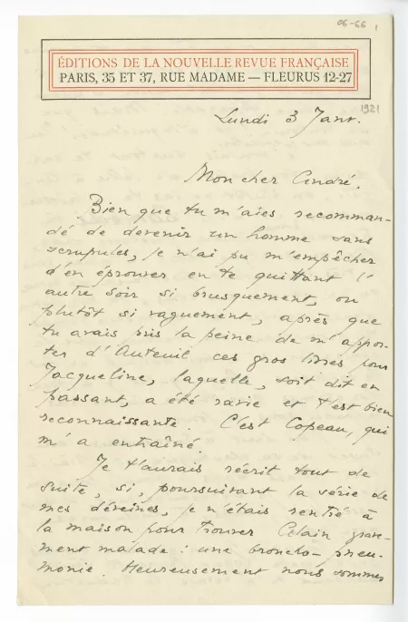 06-66-e J Rivière à A Gide 03 janv 1921 p1 recto