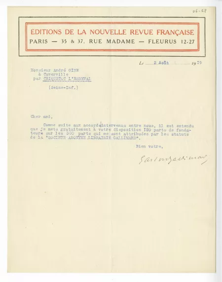 06-68-a G Gallimard à A Gide 03 août 1919 a