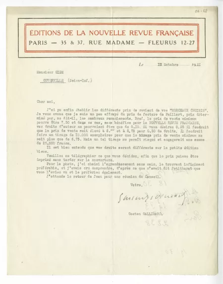 06-68-b G Gallimard à A Gide 10 oct 1921 recto