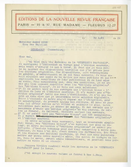 06-68-d G Gallimard à A Gide 30 août 1919 recto