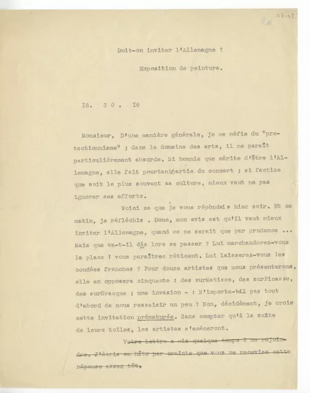 07-43-a A Gide réponse à une enquête inviter l'Allemagne 1919 dactylo