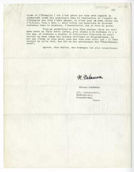 07-86-a M Nakamura à A Gide 29 nov 1950 p4