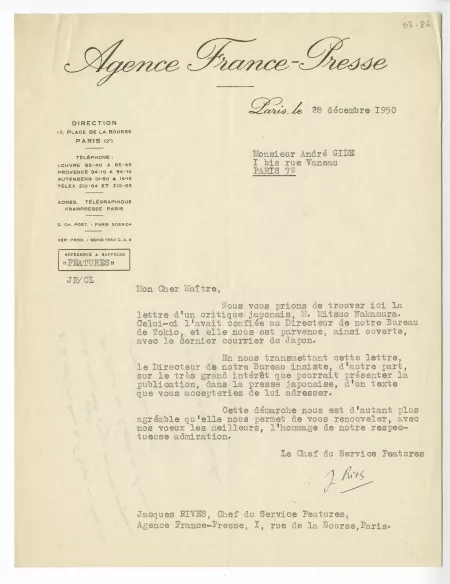 07-86-b J Rives à A Gide 28 déc 1950 recto