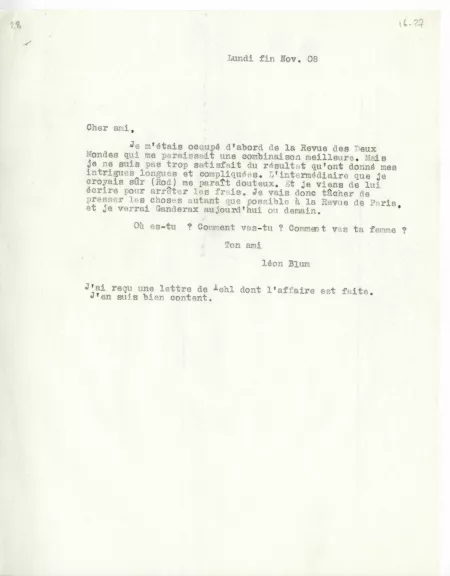 16-27-ab L Blum à A Gide fin nov 1908