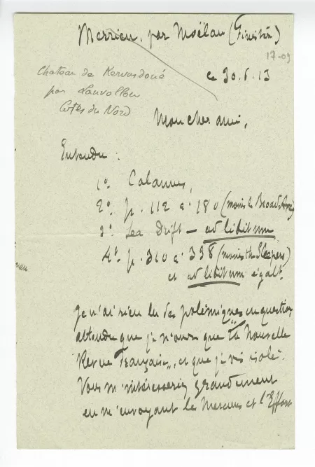 17-09-w L Fabulet à A Gide 30 juin 1913 recto