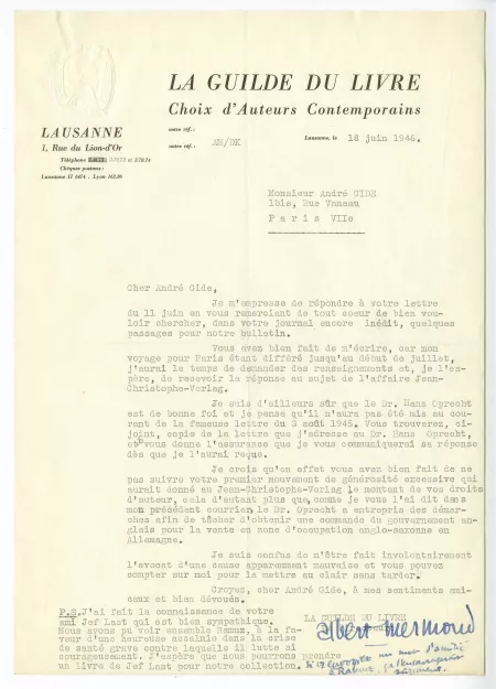 22-04-m A Mermoud à A Gide 18 juin 1946
