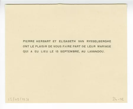 34-02-n faire part mariage P Herbart & E Van Rysselberghe 19 sept 1939 a