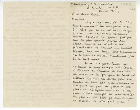 39-18-en J D B McKibbin à A Gide 27 janv 1946 recto