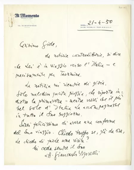 40-01-bm G Vigorelli à A Gide 21 avril 1950