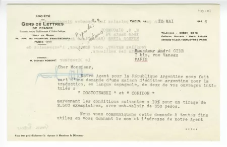 40-01-l G Robert à A Gide 13 mai 1946 recto