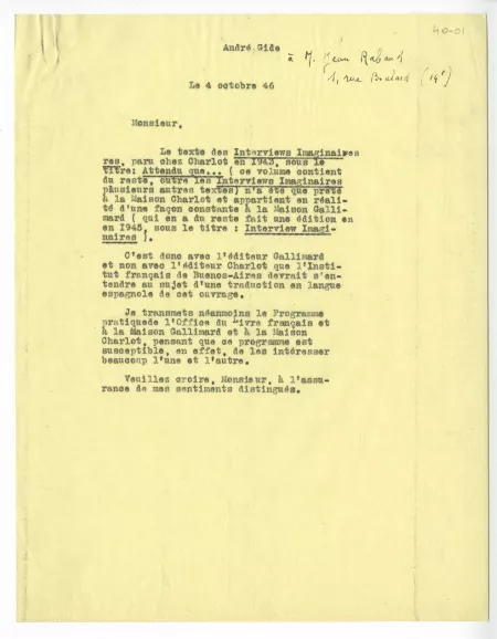 40-01-p A Gide à J Rabaud 04 oct 1946