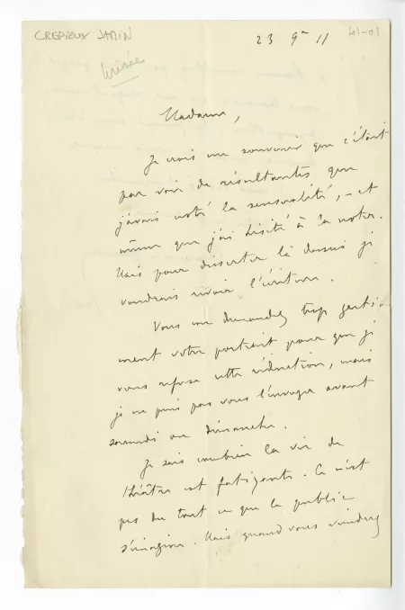 41-01-ac J Crépieux-Jamin à anonyme 23 sept 1911 recto