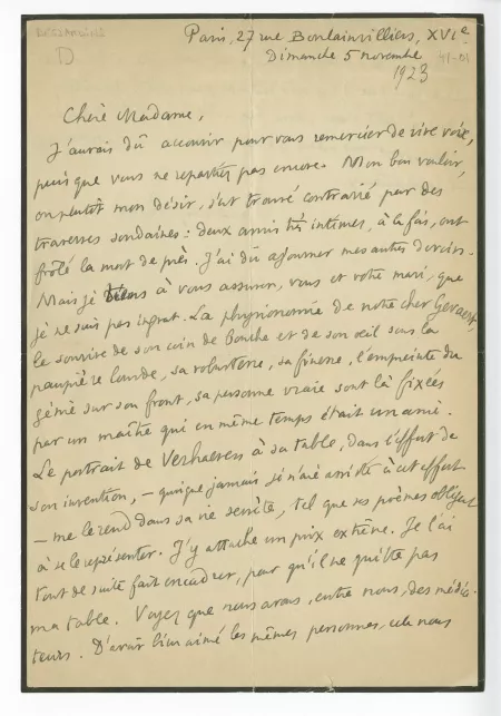 41-01-ah P Desjardins à M Van Rysselberghe 05 nov 1923 recto