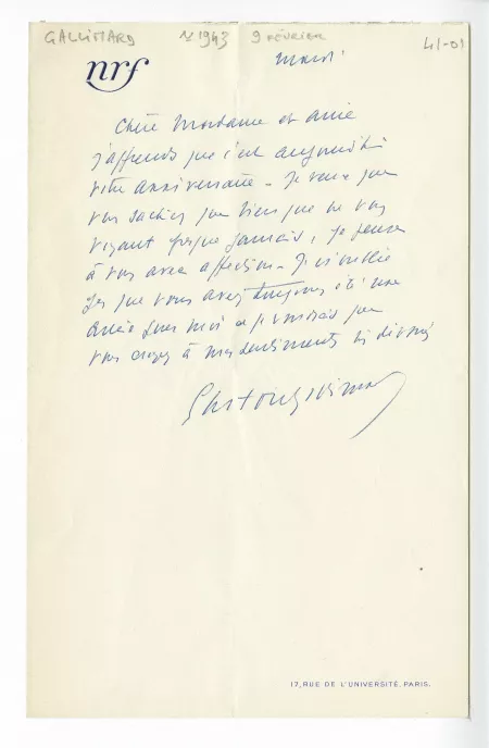 41-01-ar G Gallimard à M Van Rysselberghe 09 fév 1943