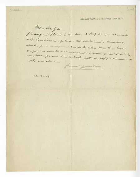 41-01-bf F Jourdain à A Gide 11 mars 1914