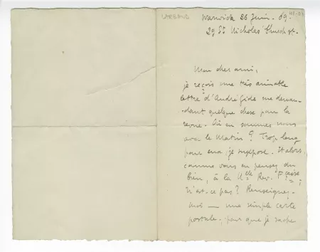 41-01-bm V Larbaud à anonyme 26 juin 1909 recto