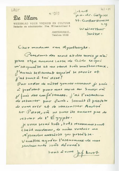 41-01-bn J Last à M Van Rysselberghe 1939