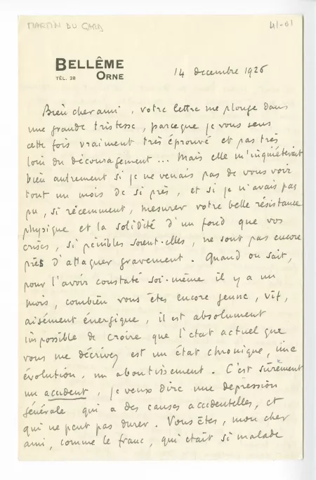 41-01-cc R Martin du Gard à Th Van Rysselberghe 14 déc 1926 recto