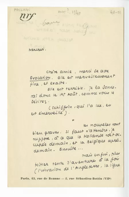 41-01-ct J Paulhan à M Van Rysselberghe mai 1940 recto