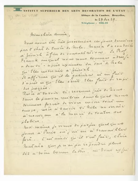 41-01-eh H Van De Velde à M Van Rysselberghe 27 déc 1927 p1 recto