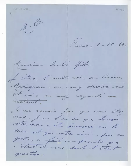 41-01-t M Chevalier à A Gide 01 oct 1946 recto