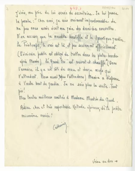 41-04-c C Gide à R Martin du Gard 21 mars 1941 p2 recto