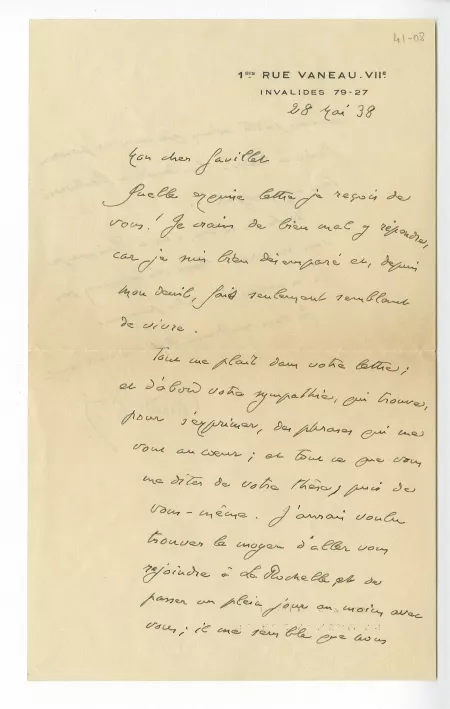 41-08-f A Gide à M Gavillet 28 mai 1938 recto