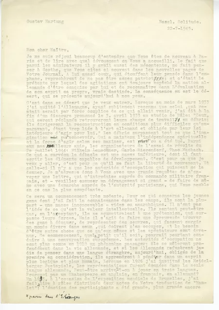 B-04-ba G Hartung à A Gide 22 juil 1945 français p 1