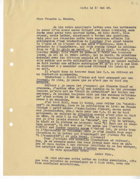 B-12-i A Gide à F A Henson 12 mai 1948