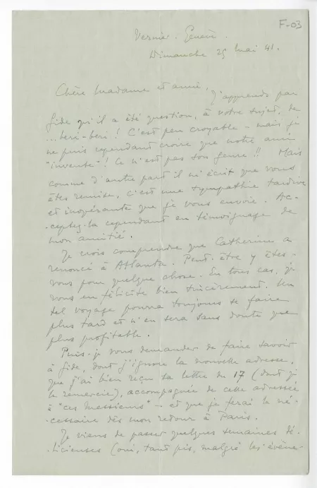 F-03-d A Naville à M Van Rysselberghe 25 mai 1941 recto