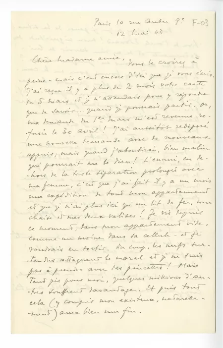 F-03-f A Naville à M Van Rysselberghe 12 mai 1943 recto