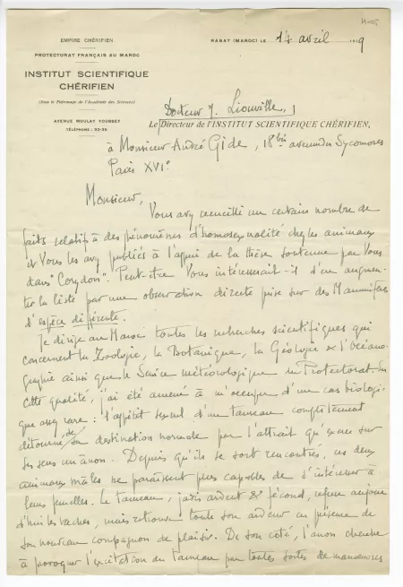 H-05-k J Liouville à A Gide 14 avril 1929 p1 recto