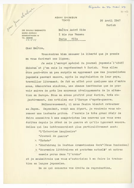K-02-o S Sasamoto à A Gide 29 avril 1947 p1