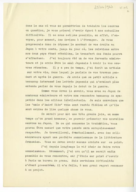 K-02-o S Sasamoto à A Gide 29 avril 1947 p2