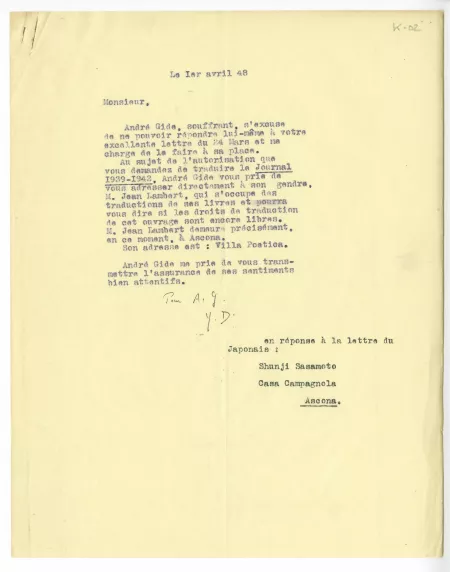 K-02-r Y Davet à S Sasamoto 01 avril 1948