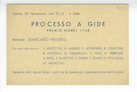 K-03-bb G Vigorelli carte invitation sur A Gide 22 nov 1947 recto