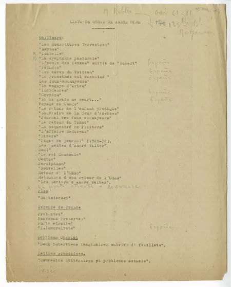 K-05-d J Andrade liste traductions espagnoles A Gide sept 1946 1