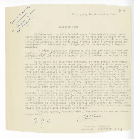 K-05-f J M Corredor à A Gide 24 oct 1948 recto
