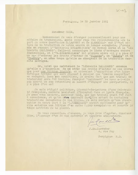 K-05-k J M Corredor à A Gide 29 janv 1951