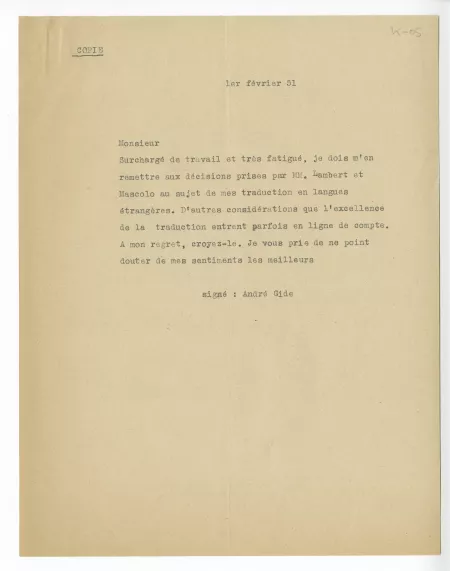 K-05-l A Gide à J M Corredor 01 fév 1951
