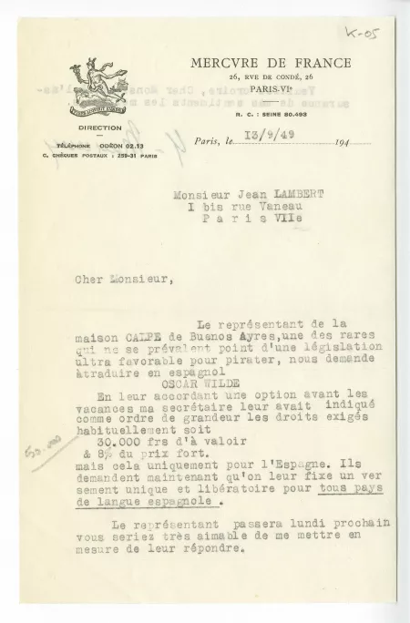 K-05-r H Manceron à J Lambert 13 sept 1949 recto