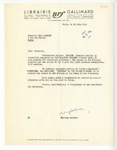 K-05-u M Salomon à J Lambert 28 juin 1954