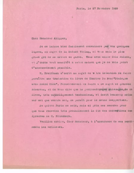 N-06-ac A Gide à G Kilpper 27 nov 1929